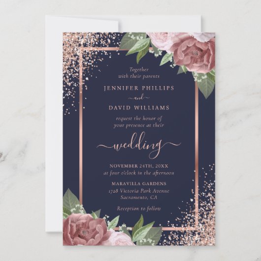 Invitation Floral Rose bleu or  Mariage Confetti (Devant)