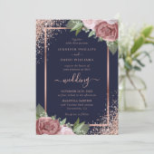 Invitation Floral Rose bleu or  Mariage Confetti (Debout devant)