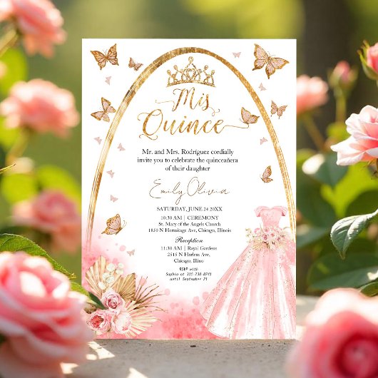 Invitation Floral rose Blush Gown Quinceanera