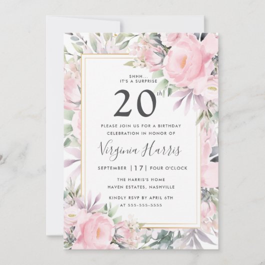 Invitation Floral Rose Blush Vingt-dixième anniversaire (Devant)