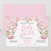 Invitation Floral rose, Bois, Renard, Bébé fille Douche (Devant / Derrière)