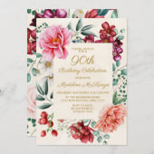 Invitation Floral rose Bourgogne 90e anniversaire (Devant / Derrière)