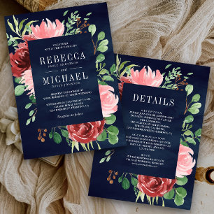 Invitation Floral rose Bourgogne tout en un Mariage de marine