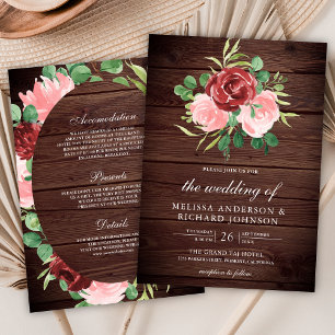 Invitation Floral rose Bourgogne tout en un Mariage en bois