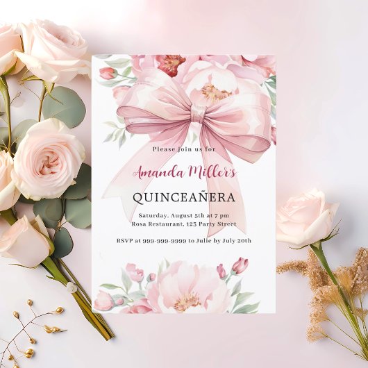 Invitation Floral rose bow Quinceanera
