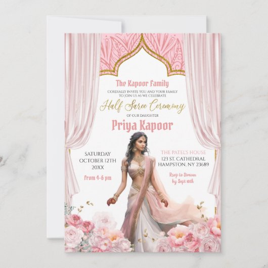 Invitation Floral Rose Brown Indienne Fille à moitié saree cé (Devant)