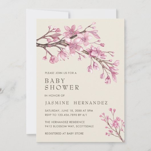 Invitation Floral rose cerisier Fleur Baby shower fille (Devant)