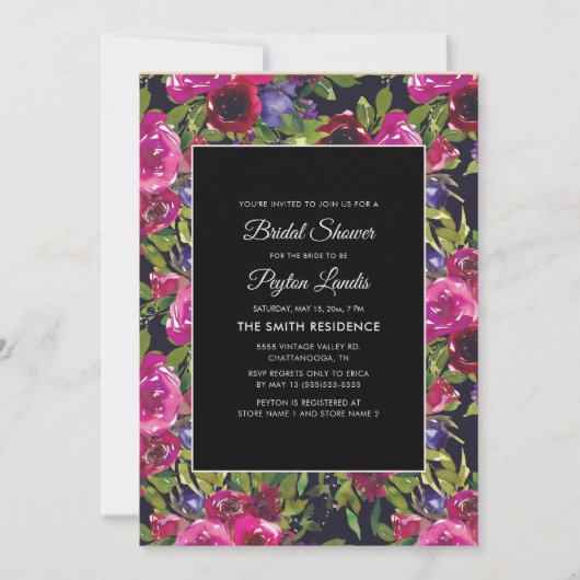 Invitation Floral rose chaud sur Fête des mariées noire (Devant)