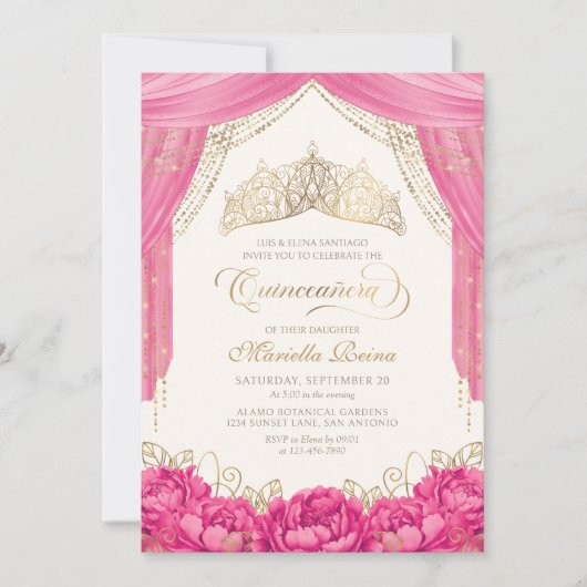 Invitation Floral rose chaud Tiara Girl Quinceanera (Devant)