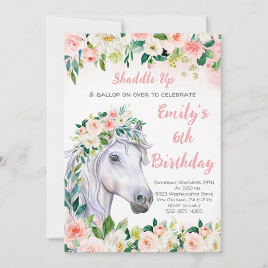Invitation Floral rose & Cheval 6e fête d'anniversaire (Devant)