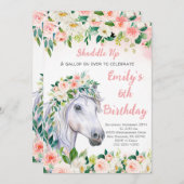 Invitation Floral rose & Cheval 6e fête d'anniversaire (Devant / Derrière)