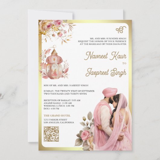 Invitation Floral rose clair QR Code Anand Karaj Sikh Mariage (Devant)