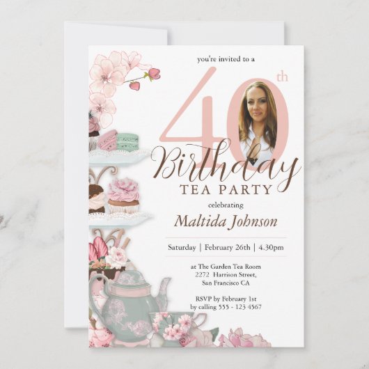 Invitation Floral Rose Custom Photo Tea Party 40e anniversair (Devant)