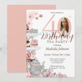 Invitation Floral Rose Custom Photo Tea Party 40e anniversair (Devant / Derrière)