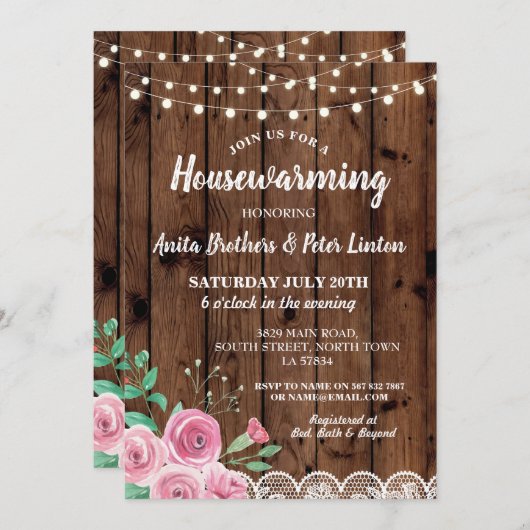 Invitation floral rose de dentelle rustique (Devant / Derrière)