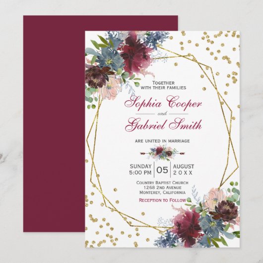 Invitation Floral rose de la marine de Bourgogne | Mariage Go (Devant / Derrière)