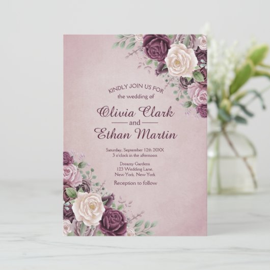 Invitation Floral Rose Dusty classique (Debout devant)