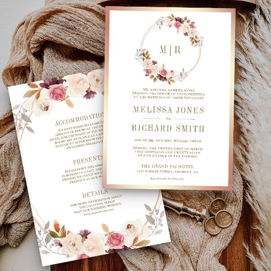 Invitation Floral rose Dusty rose tout en un Mariage
