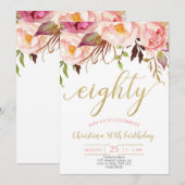 Invitation Floral rose élégante 80e anniversaire femmes (Devant / Derrière)