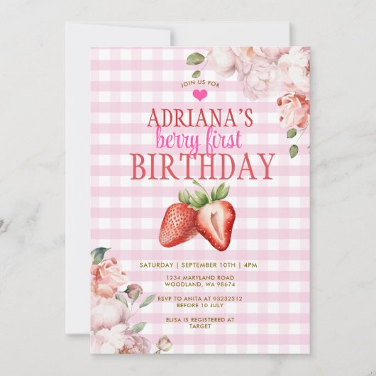 Invitation Floral rose En vichy Berry Premier anniversaire (Devant)