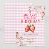 Invitation Floral rose En vichy Berry Premier anniversaire (Devant / Derrière)