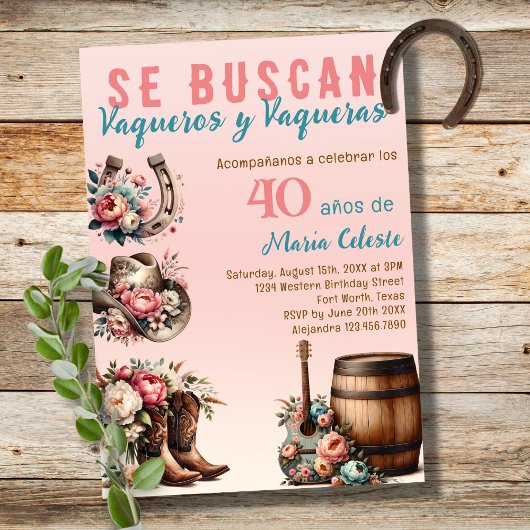 Invitation Floral rose espagnol cowboy occidental 40e anniver