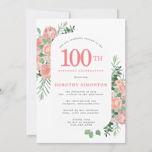 Invitation Floral rose et blanc 100e anniversaire (Devant)