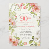 Invitation Floral rose et blanc 90e anniversaire (Devant / Derrière)