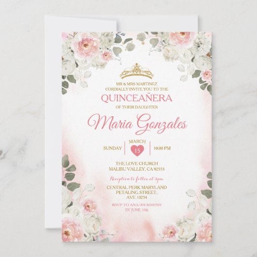 Invitation Floral rose et blanc Quinceañera Gold Couronne mex (Devant)