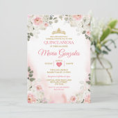 Invitation Floral rose et blanc Quinceañera Gold Couronne mex (Debout devant)