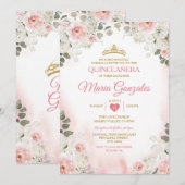 Invitation Floral rose et blanc Quinceañera Gold Couronne mex (Devant / Derrière)