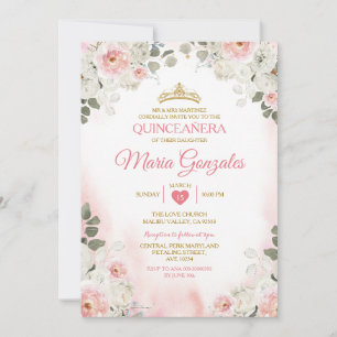 Invitation Floral rose et blanc Quinceañera Gold Couronne mex