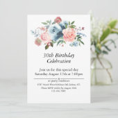Invitation Floral rose et bleu, 30e personnalisable. Annivers (Debout devant)
