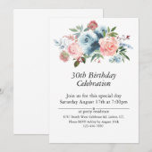 Invitation Floral rose et bleu, 30e personnalisable. Annivers (Devant / Derrière)