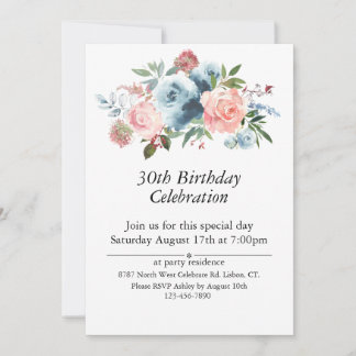 Invitation Floral rose et bleu, 30e personnalisable. Annivers