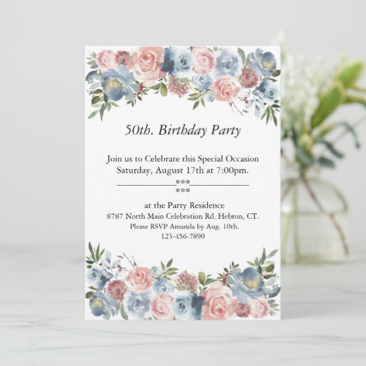 Invitation Floral rose et bleu, personnalisable,50e. Annivers (Debout devant)