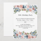 Invitation Floral rose et bleu, personnalisable,50e. Annivers (Devant / Derrière)