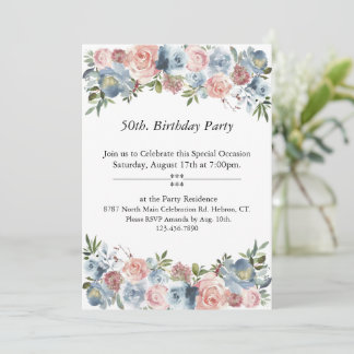 Invitation Floral rose et bleu, personnalisable,50e. Annivers