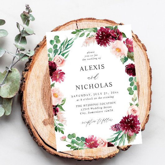 Invitation Floral rose et bourgogne 7 Mariage