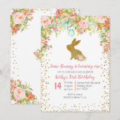 Invitation Floral rosé et lapin d'or Anniversaire Floral (Devant / Derrière)