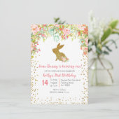 Invitation Floral rosé et lapin d'or Anniversaire Floral (Debout devant)