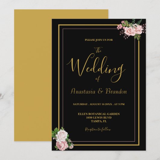 Invitation Floral rose et Mariage or (Devant / Derrière)