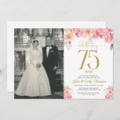 Invitation Floral rose et or 75e anniversaire (Devant / Derrière)
