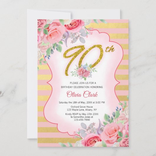 Invitation Floral rose et or 90e anniversaire (Devant)