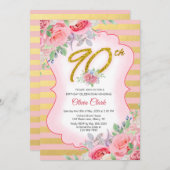 Invitation Floral rose et or 90e anniversaire (Devant / Derrière)