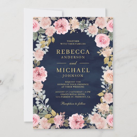 Invitation Floral rose et or QR Code Marine Mariage bleu (Devant)
