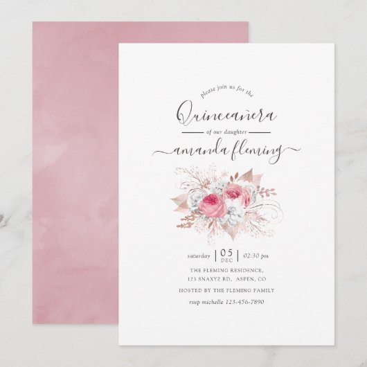 Invitation Floral rose et Rose or Quinceañera (Devant / Derrière)