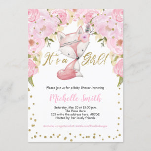 Invitation Floral rose, Fox, Woodland Baby Girl Douche