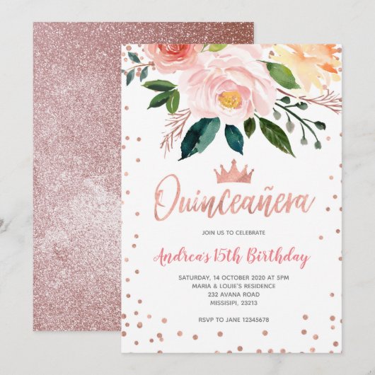 Invitation Floral Rose Gold Mexicain Quinceañera Anniversaire (Devant / Derrière)