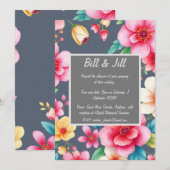 Invitation Floral Rose Jaune Fleurs Sur Mariage Charbon (Devant / Derrière)